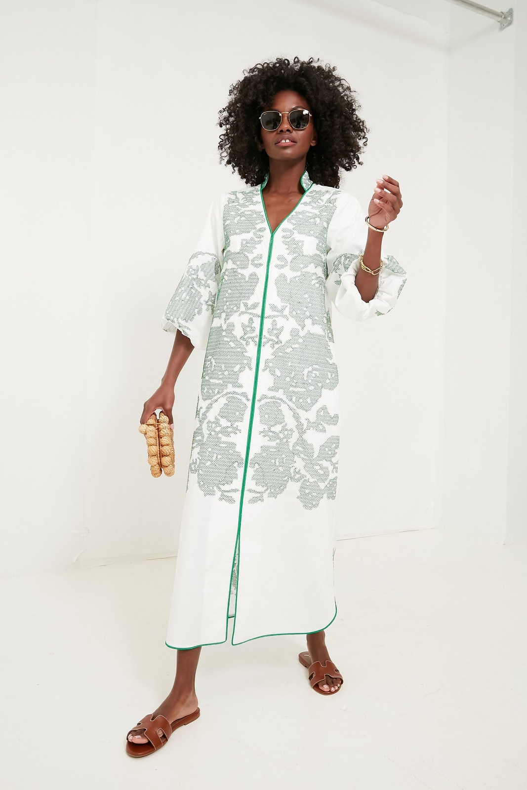 Hyacinth House by Tuckernuck White and Green Embroidery Arem Dress sz