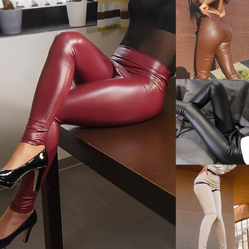 Leggings Leather Look PU Ladies Girls Stretch Trousers Faux Pants Womens NEW