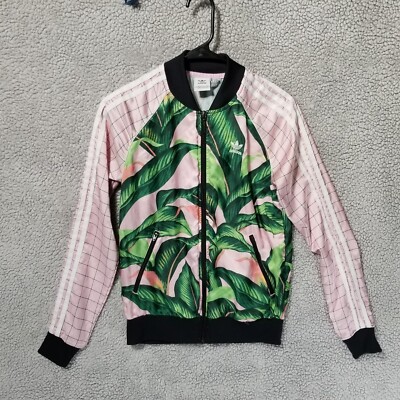 Adidas x Farm Rio Sz XS Pink Palm Tropical Leaf Pattern Track Jacket Full Zip