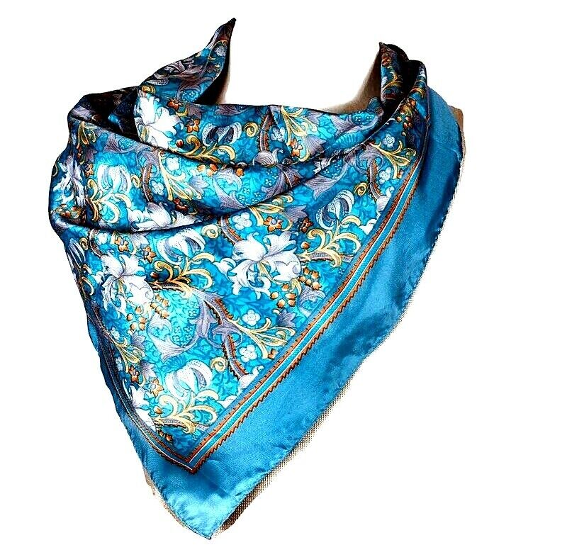 Women Silky light scarf large fashion designer square 25-1/2 in. blue & gold
