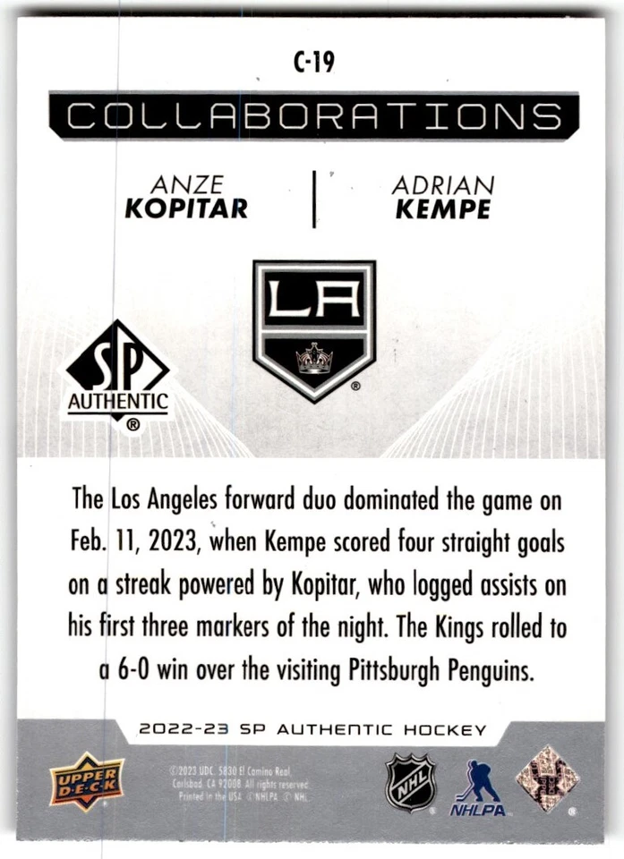 2022-23 SP Authentic Collaborations Anze Kopitar/Adrian Kempe #C-19 - Image 2 of 2