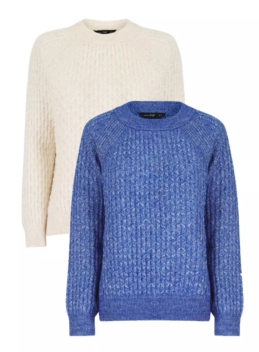 Ladies F&F Tesco Ribbed Warm Cable Knit Jumper Blue & Cream 6 8 10 12 14 16