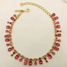 OSCAR DE LA RENTA Stunning Unique Pink CZ Crystals necklace Gold Tone Collar Bib