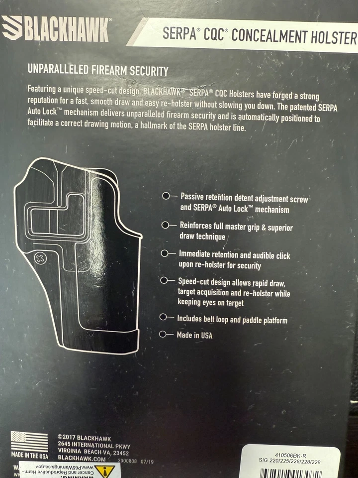 Blackhawk Serpa Concealment Holster RH Sig 220/225/226 410506BK-R - Image 2 of 2