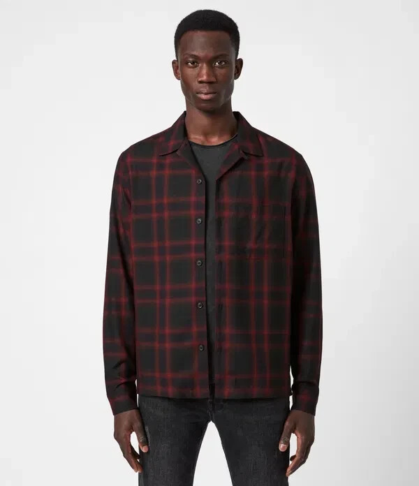 Allsaints L42224 Mens Black Red Plaid Westel Casual Relaxed Shirt Size L