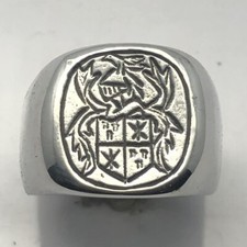 MJG STERLING SILVER HERALD CREST RING. BIKER. GUITAR PLAYER. 28 GRAMS. SZ 10 1/4