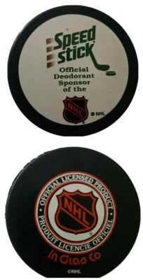 SPEED STICK THE DEODORANT SPONSOR OF THE NHL VINTAGE INGLASCO VEGUM HOCKEY PUCK 