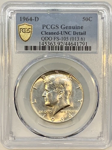 1964-D Kennedy Half Dollar QDO FS-105 PCGS UNC Detail MS Silver Cleaned Quad DO