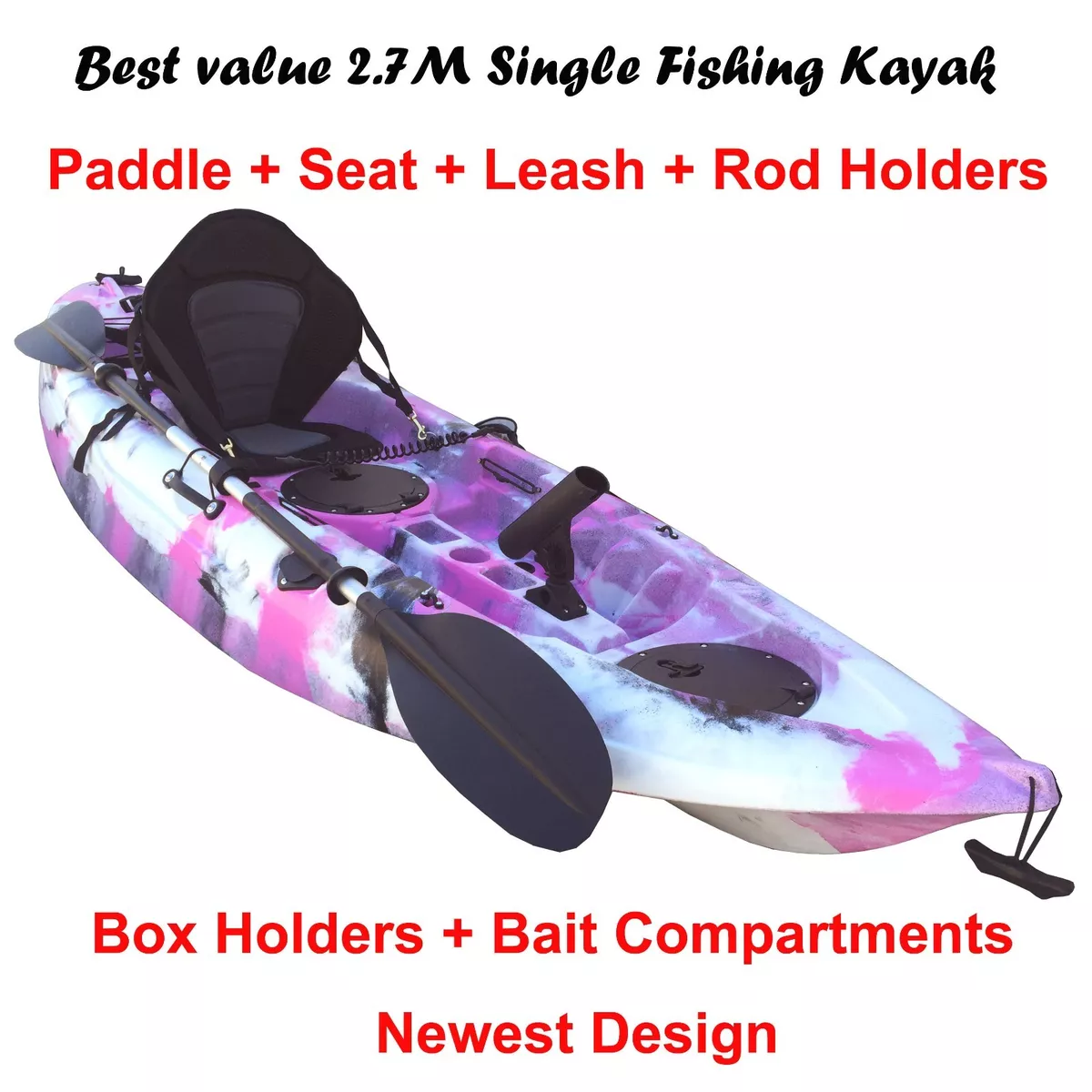 2.7M Fishing Kayak Single Sit on 5 Rod Holders Padded Seat Paddle Pink Camo