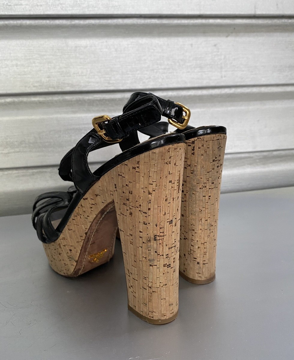 PRADA Strappy Black Patent Leather Cork Platform Slingback