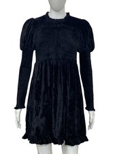 Doen Women's Ruffle Smocked Zipper High Neck Black Velvet Short Mini Dress XS
