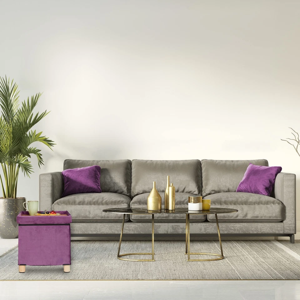 Samthocker mit Stauraum Tablett im Deckel mit Holzbeinen eckiger Sitzhocker H... - Bild 2 von 4