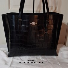 Coach Black Croc Embossed Tote Zip Top Silver Hardware Charm Inner Pockets
