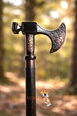 Vintage Antique Style Brass Wood Victorian Walking Stick Cane AXE Carved 36''