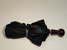 Vintage Lord  Taylor Black Folding Umbrella W/Signature Red Rose Wood Handle