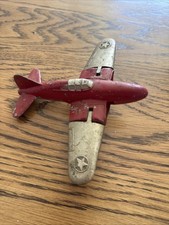 Vintage Red Cast Iron Hubley Toy Airplane Folding Wings Military Plane WWII