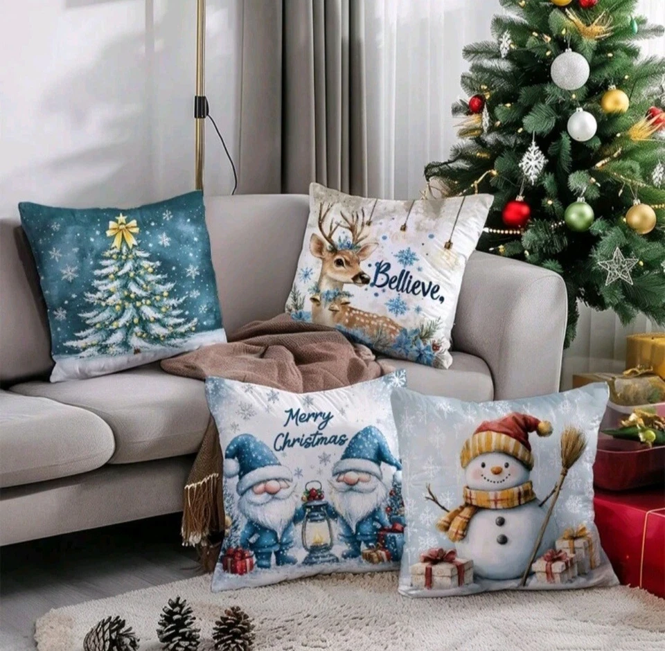 Set Of 4 Adorable Deer, Santa, Gnomes Christmas Throw Pillow Covers 18X18 - Image 2 of 4