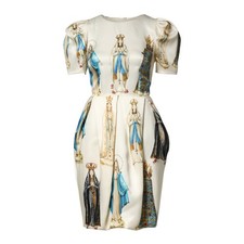 DOLCE & GABBANA Dress Beige Madonne Print Silk Short Sleeve IT36/US2/XXS 3680usd