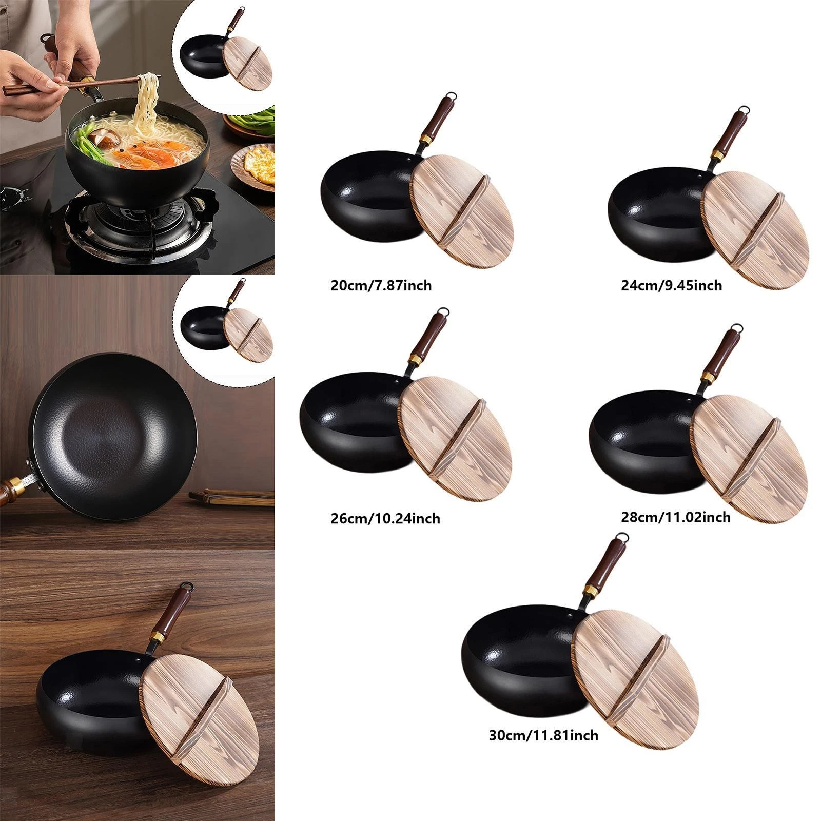 Iron Wok Nonstick Wok Iron Cooking Pot Reusable Even Distribution with Lid