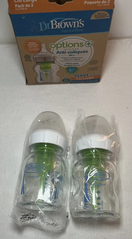 2 biberones de vidrio anticólicos Dr. Brown's Options + cuello ancho 5 oz 150 ml Foto 3 de 4