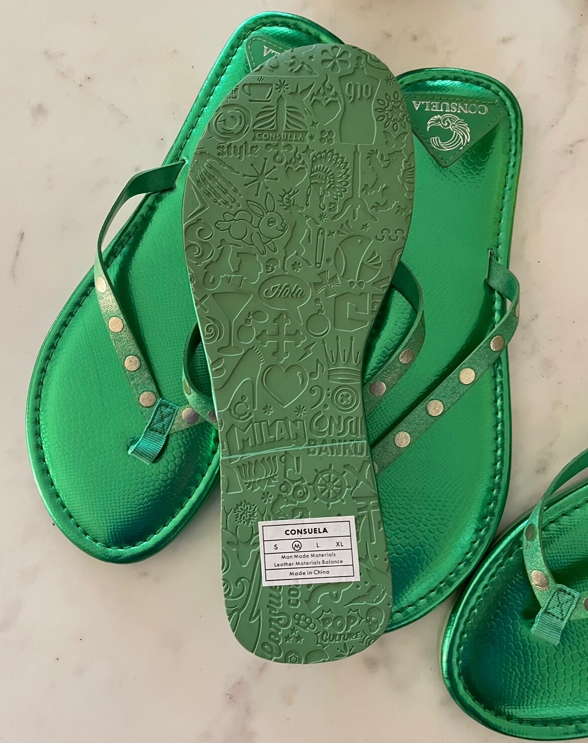 Lotto 2 sandali infradito marca CONSUELA verde metallizzato taglia M