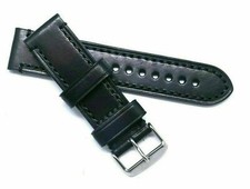 20mm Or 22mm HQ Black Oily Cowhide Leather Men Watch Strap Silver Tone Buckle