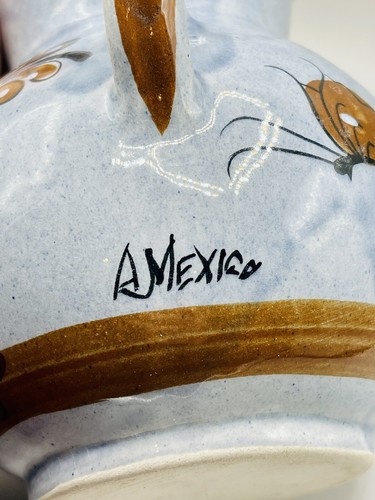 VTG Mexican Folk Art Pottery Vase Double Handled Blue Brown Birds Flowers 5.75” - Picture 11 of 11