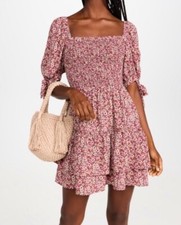 Wayf smocked tiered mini dress mauve folk floral Cottagecore puff sleeve S