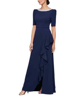 Alex Evenings Navy Blue Embellished Neck Ruffle Gown Size 6 $229