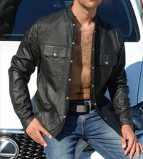 Men's Real Leather Shirt Bikers Full Sleeves Leather Buttoned Front Black Shirt