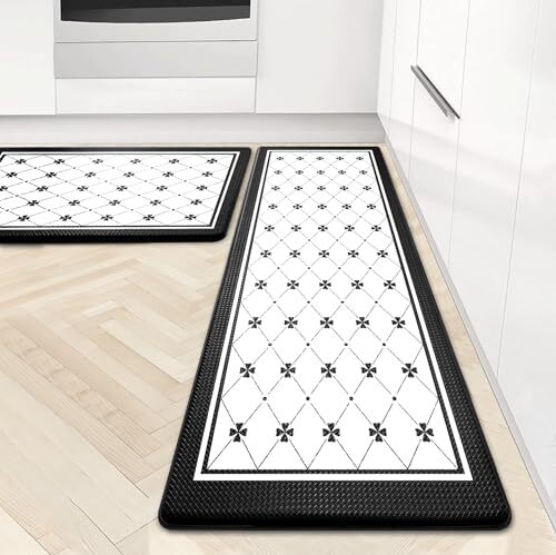 2-Pack White Plaid Cushioned Anti-Fatigue Kitchen Mats 17.3x30 and 17.3x47.2 Inches in Black