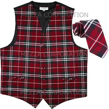 New Vesuvio Napoli formal men's plaid Tuxedo Vest 2.5" Skinny Slim Necktie Red