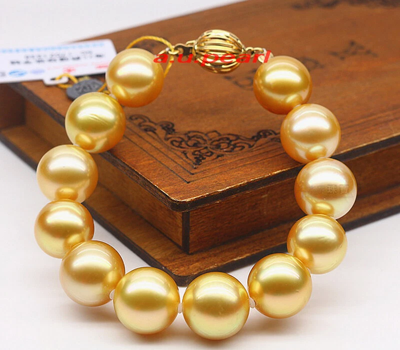 AAAAA 7.5"12-13mm Natural real round south sea golden pearl bracelet 14K GOLD - Image 3 of 4
