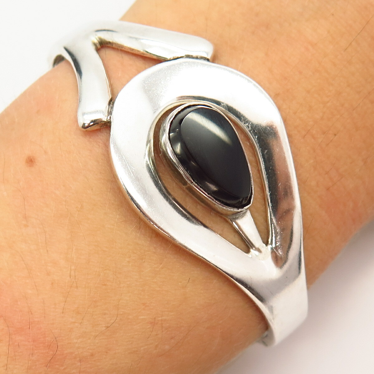 アクセサリー 80s Mexico black onyx bangle silver 925 925 Sterling Silver Vintage Mexico Black Onyx Gem Hinged