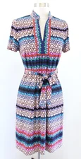 Trina Turk Joni Colorful Geometric Print Tie Waist Shift Shirt Dress Size M