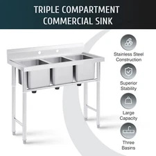 Secondhand Stainless Steel Commercial Kitchen Utility Sink w 3 Compartment