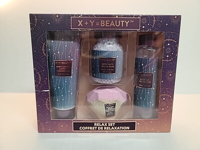 X+Y=BEAUTY Lotion, Shower Gel, Bath Salt & Bath Fizz Relax Set-NIB-Free Ship!