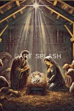 JESUS BIRTH NATIVITY PAINTING CHRISTMAS RT CANVAS 12"x16" 38mm thick frame