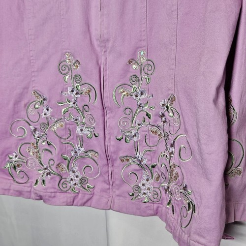 Quacker Factory Women's Lavender Pink Jacket Zip Floral Sequin Pockets Large - Picture 3 of 14