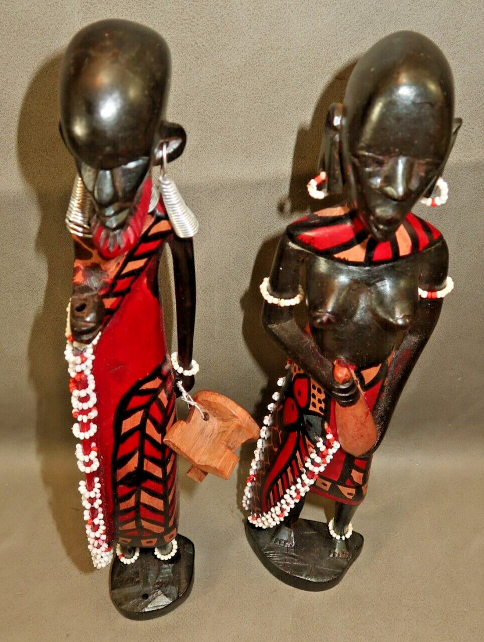 PAIR of Maasai African Mahogany Wood Woman and Man Beaded Figures Carved 12"
