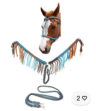 cob arab horse 3-Piece Set Nylon Bridle Breast Collar reins blue brown fringe 