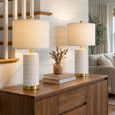 Set of 2 Modern Ceramic Bedside Lamps with Gold Base for Bedroom  Living Room
