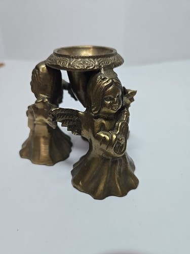Brass Candle Holder Triple Winged Angel Fairy Musical Instrument 2.75" Tall