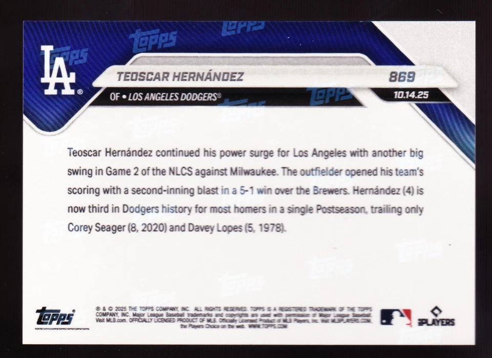 Teoscar Hernandez Dodgers trails Corey Seager & Davey Lopes 2025 Topps NOW #869 - Image 2 of 2