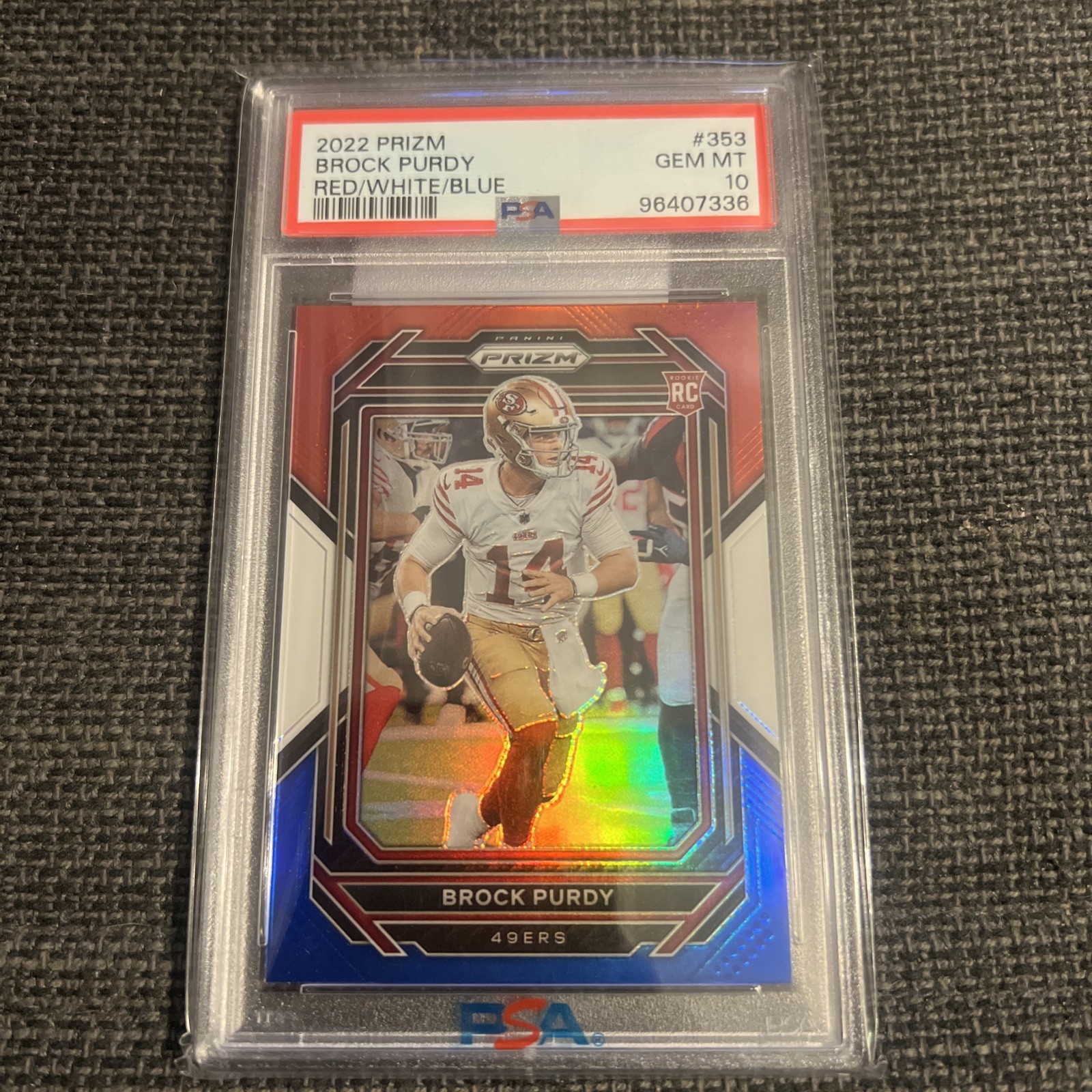 2022 Panini Prizm Brock Purdy🔥 Red/White/Blue Prizm Rookie #353🔥PSA 10 GEM MT