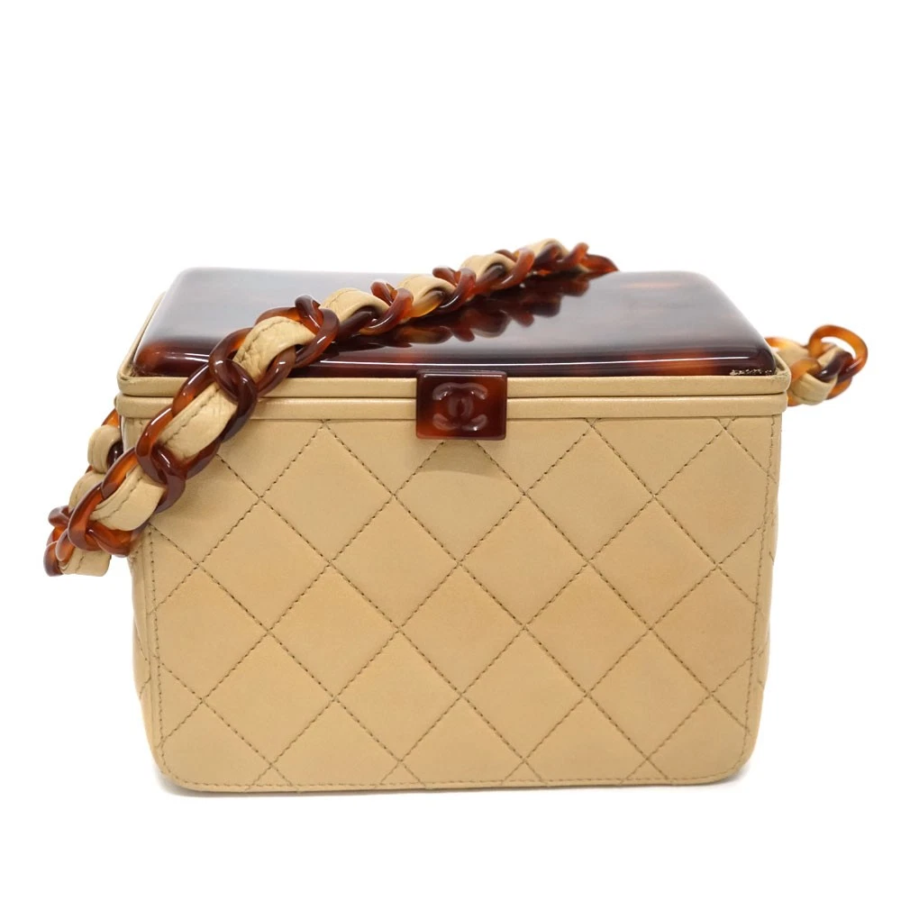 Chanel — Chanel Tortoiseshell Vanity Bag Leather Beige Handbag Women's KNB494 #KNB494