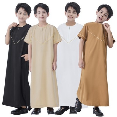 Eid Muslim Boy Robe Fashion Arab Jubba Thobe Short Sleeve Abaya Islamic Clothing