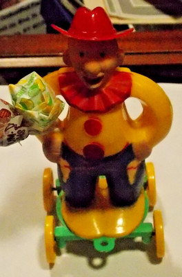RARE 1950's Rosbro Clown Cowboy on Wheels Hard Plastic Halloween Lollipop Holder