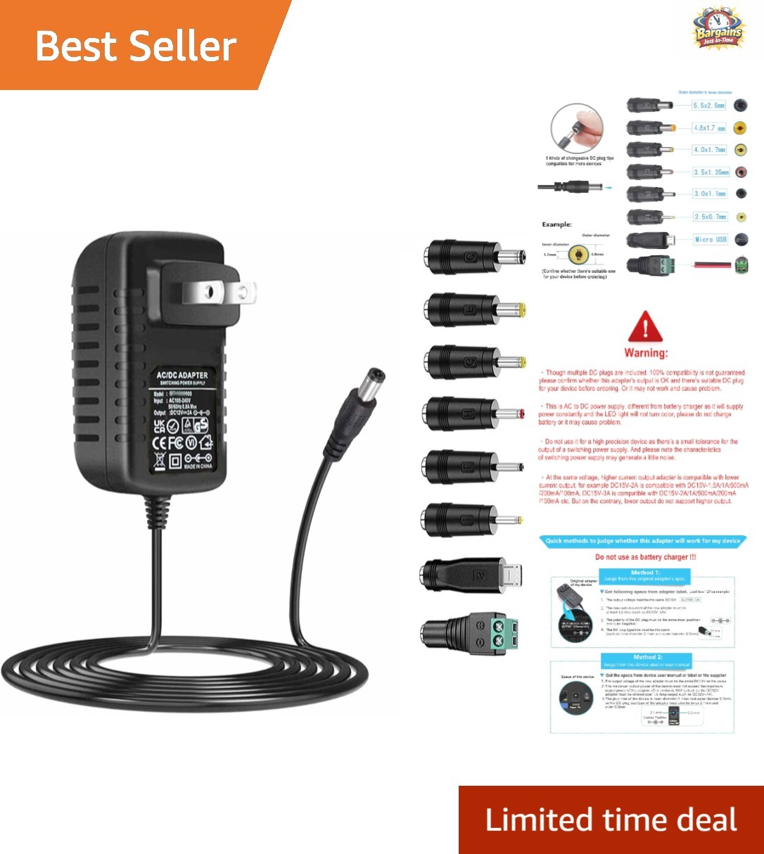 Versatile 15V 1A Power Adapter with 8 DC Tips for Electronics & Accessories