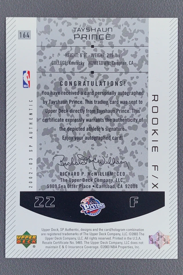 2002-03 Upper Deck SP Authentic Tayshaun Prince Rookie F/X Auto /1500 #164 - Image 2 of 2